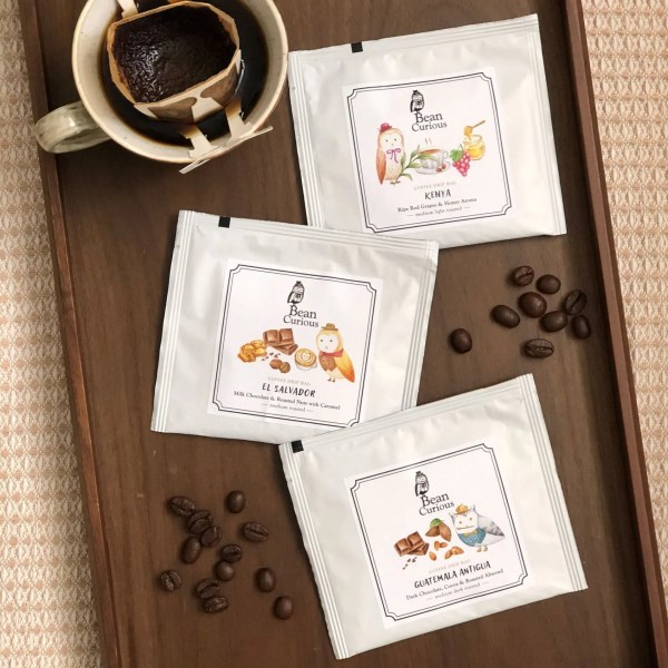 BeanCurious drip bag coffee packs.